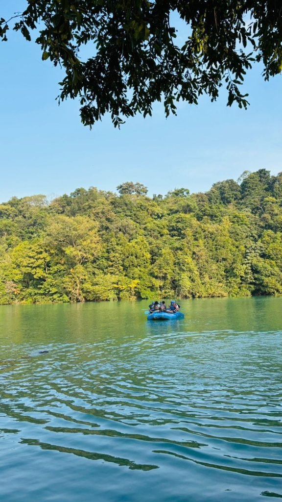 People boating on clear waters with green forest landscape